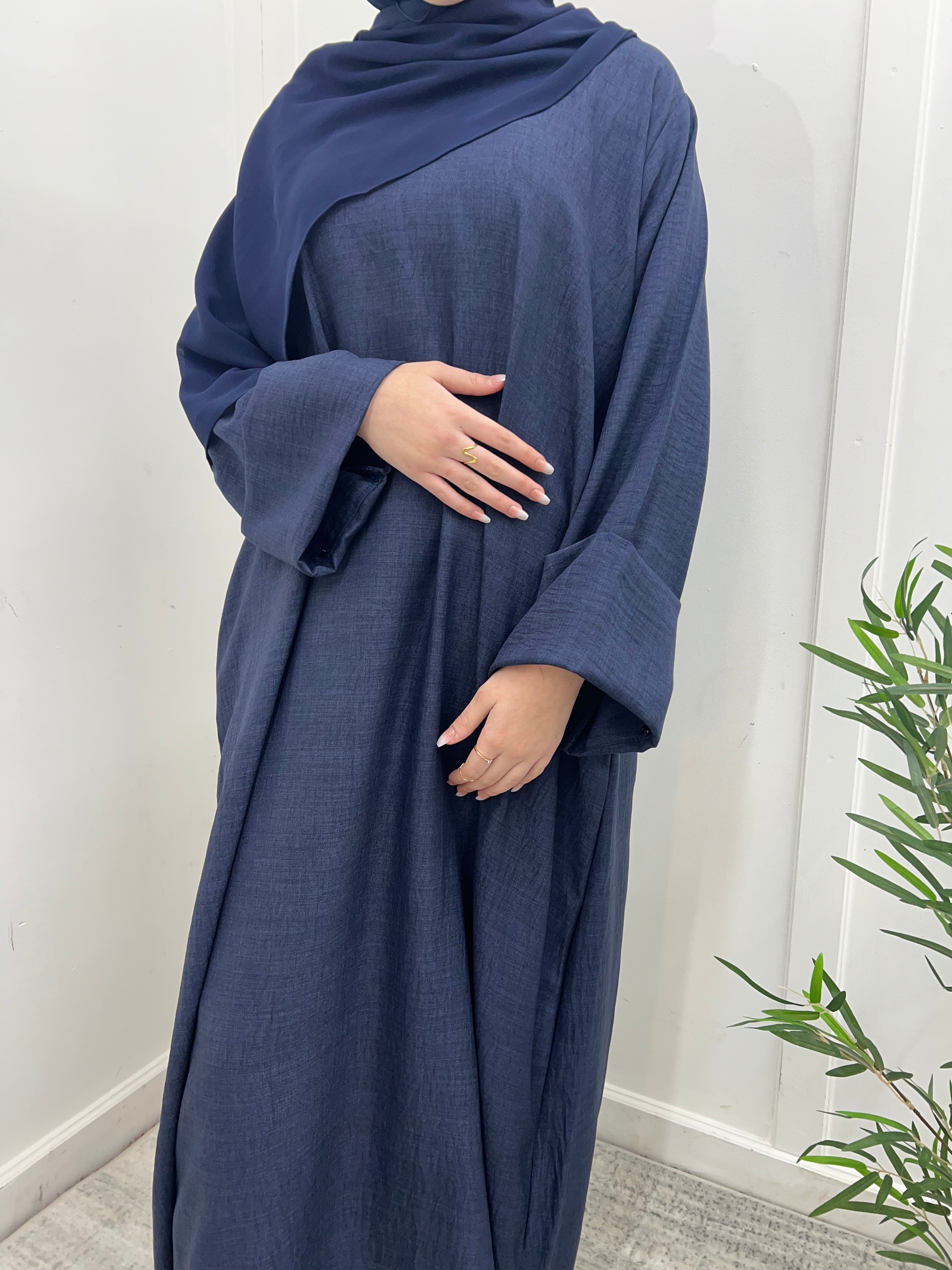 Denim Closed Linen Abaya - 2Pcs