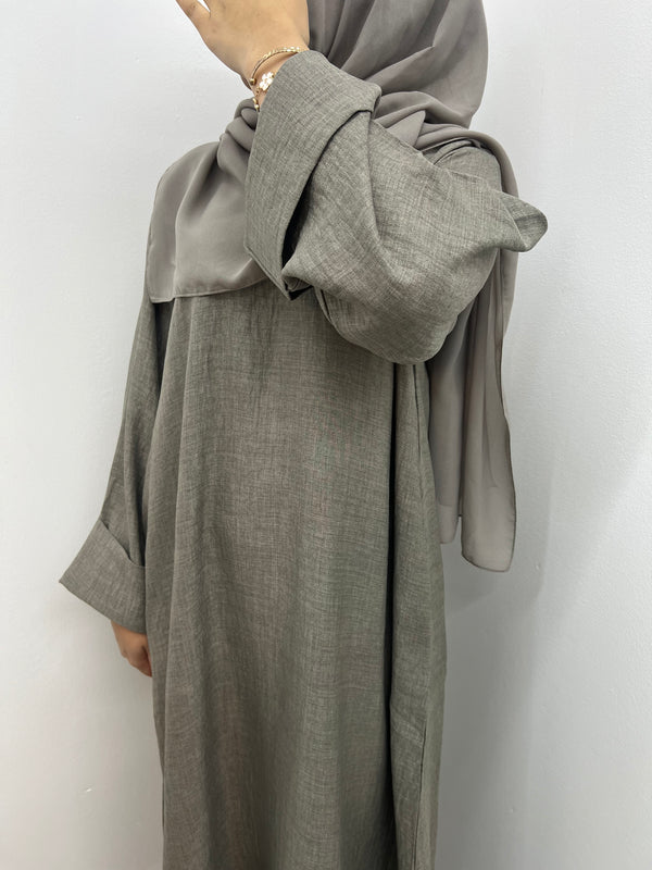 Olive Grey soft linen abaya  - 2pcs
