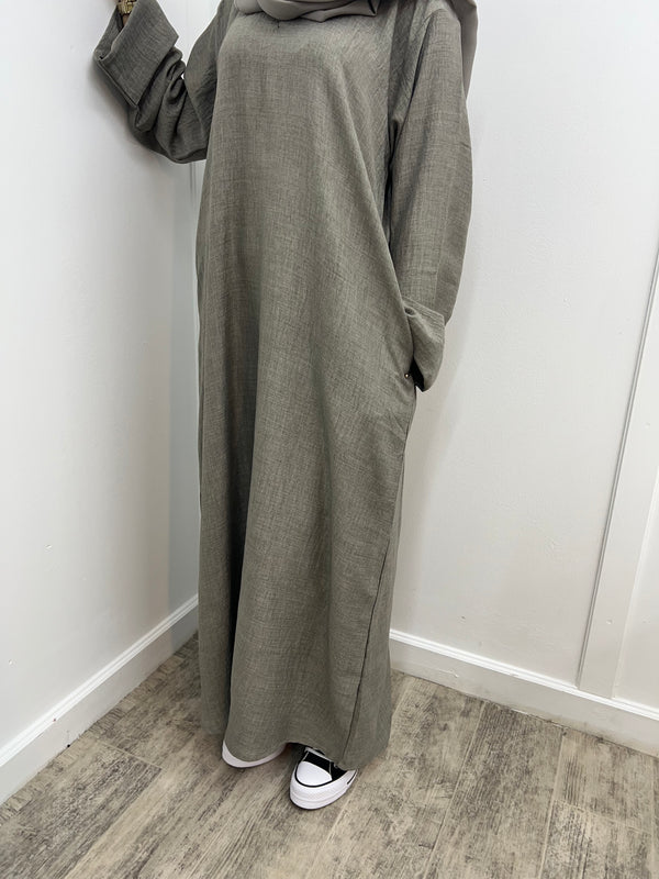 Olive Grey soft linen abaya  - 2pcs