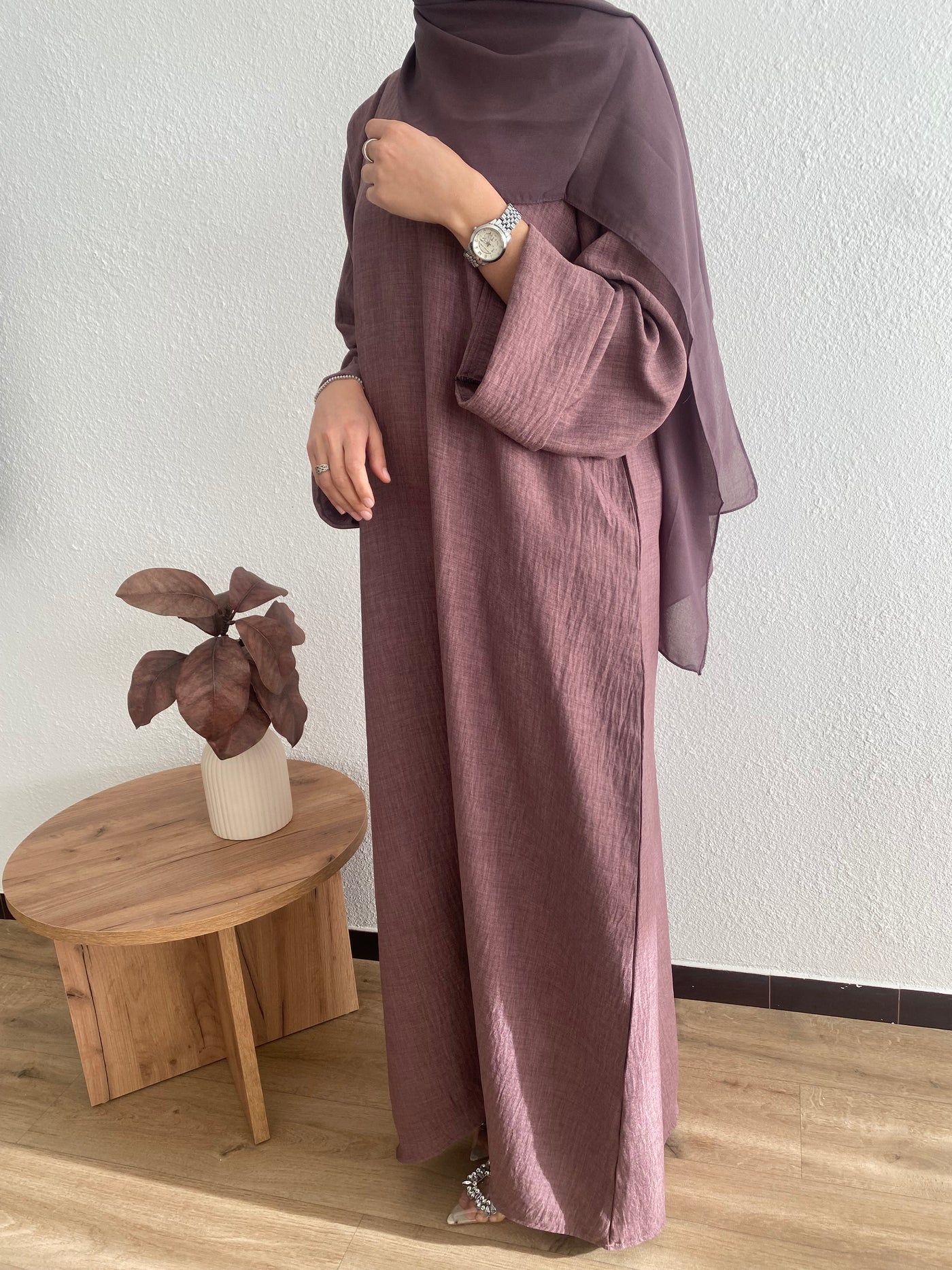 Mauve soft linen closed abaya - 2pcs